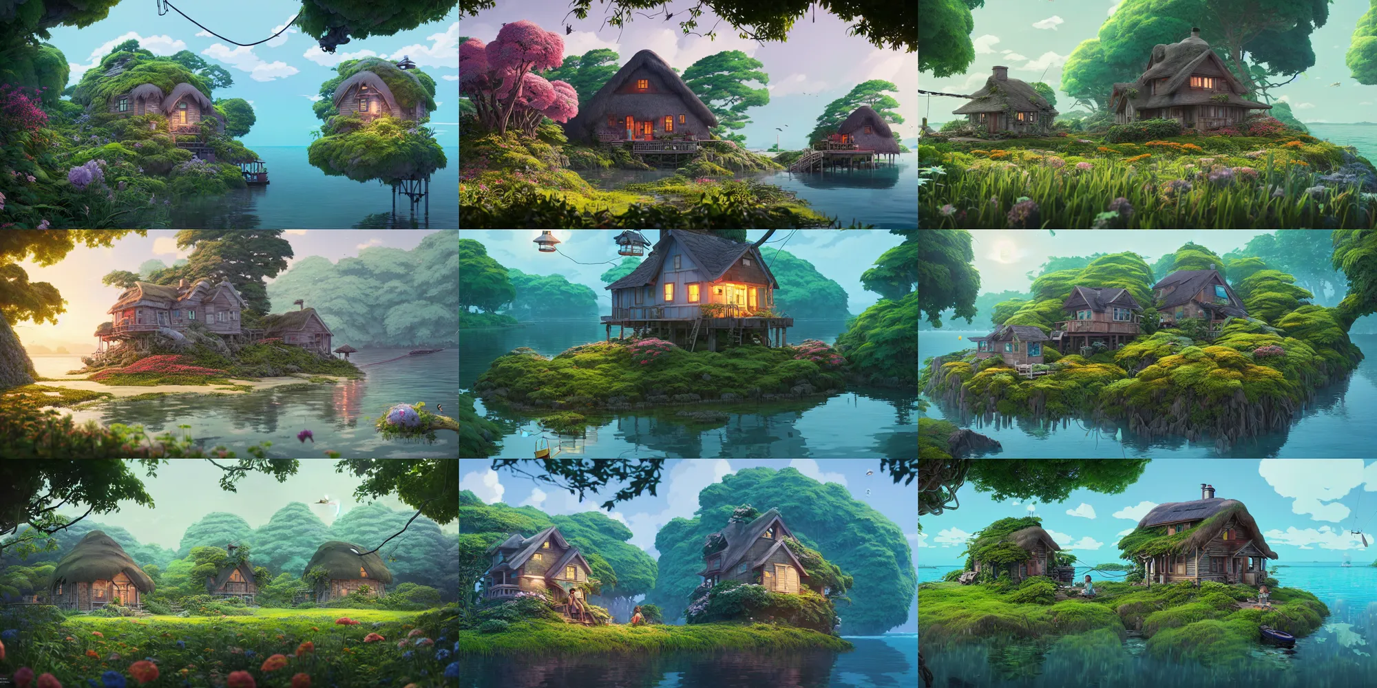 Prompt: Cottage in a small island by Studio Ghibli, solarpunk, flowers and hanging veins, optimist future, spring season, by Asher Durand and Tooth Wu and wlop and dan mumford and greg rutkowski and nekroxiii, intricate artwork, octane render, cinematic, hyper realism