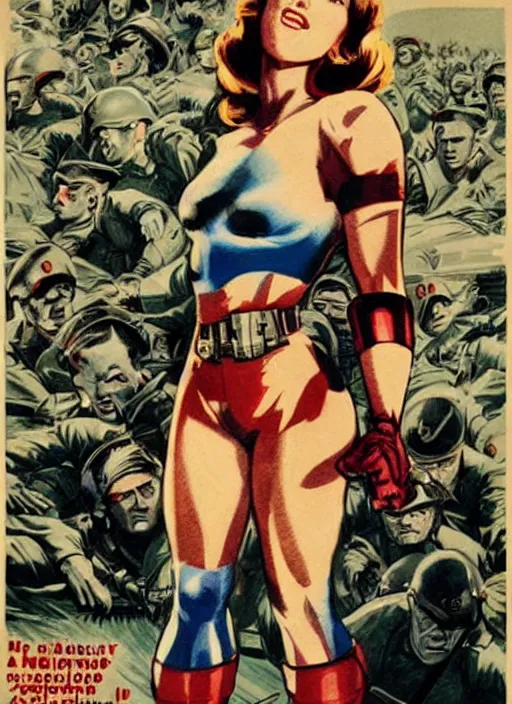 Prompt: beautiful female captain america standing on a pile of defeated, beaten and broken german soldiers. feminist captain america wins wwii. american wwii propaganda poster by james gurney. gorgeous face. overwatch. ralph bakshi