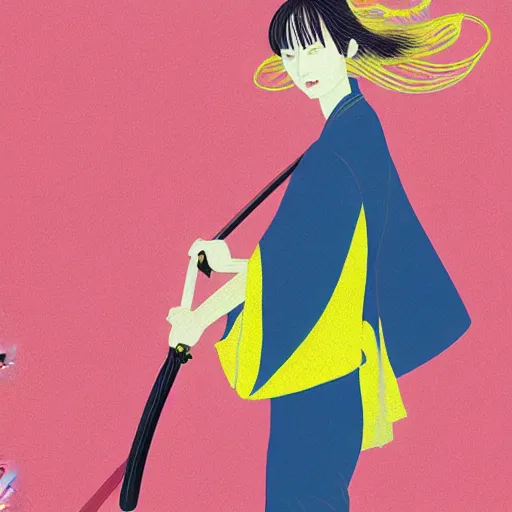 Image similar to breathtaking detailed pattern pastel colors, action scene from kill bill, with uma thurman ( kill bill ) in yellow kimono, swinging katana sword, and mt. fuji, by hsiao - ron cheng, exquisite detail, enhanced eye detail