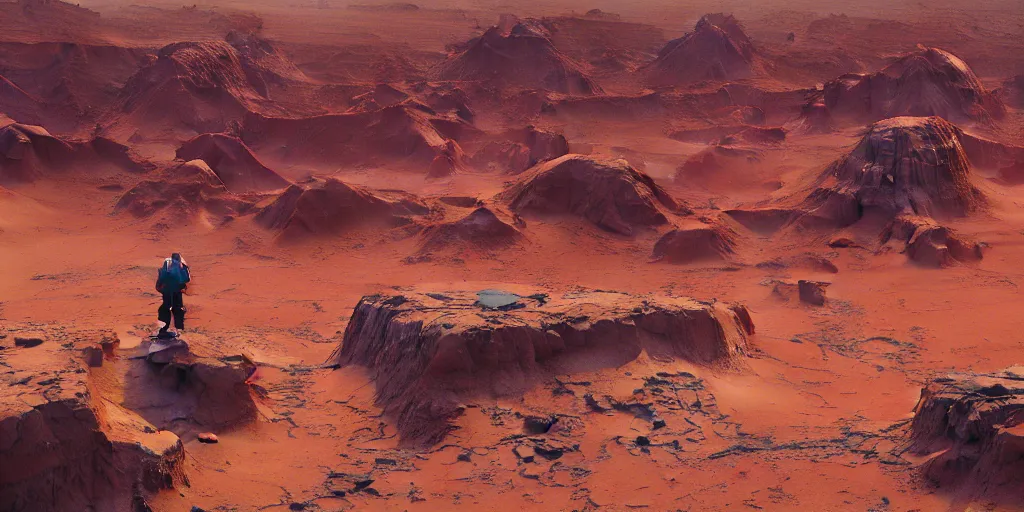 Prompt: red desert on mars, ruins of giant tetris part covered with sand, sandfalls, painted by ruan jia, raymond swanland, lawrence alma tadema, zdzislaw beksinski, norman rockwell, jack kirby, tom lovell, alex malveda, greg staples