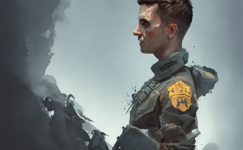 Image similar to a painting of gunny poe trending on artstation in the style of greg rutkowski, 3 d, watercolor, beautiful, hawk, young, portrait, wolfenstein