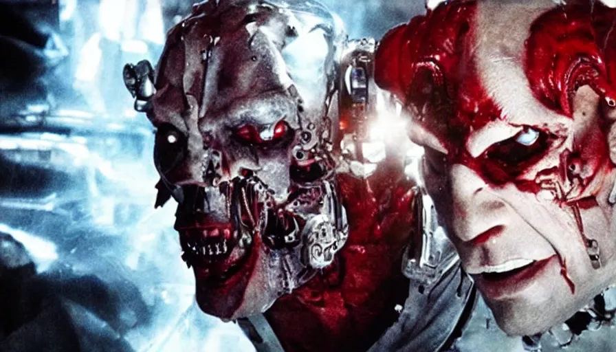 Image similar to Big budget movie about descarte's evil demon ripping off a cyborg's head