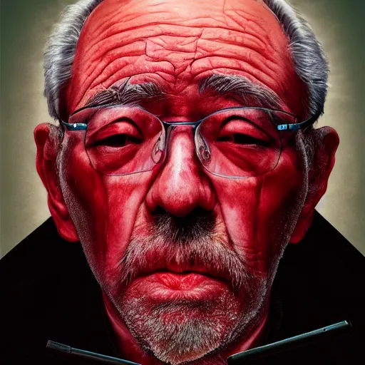 Image similar to old man cover with bloods, art by joongwon charles jeong, tjalf sparnaay, gottfried helnwein, roberto bernardi, emanuele dascanio, robin eley, eloy morales