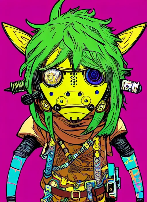 Image similar to biopunk majoras mask link from zelda!! portrait illustration, pop art, splash painting, art by geof darrow, ashley wood, alphonse mucha, makoto shinkai