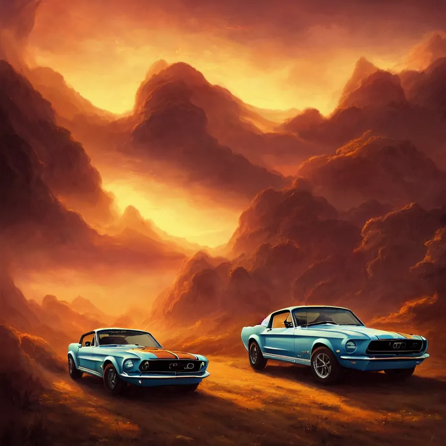 Image similar to a 1 9 6 8 mustang driving down a country road, coriolios rpg art style, full of details, warm sunset colors, matte painting, artstation, 8 k, hyperrealistic, style of peter mohrbacher, album cover, extreme long shot