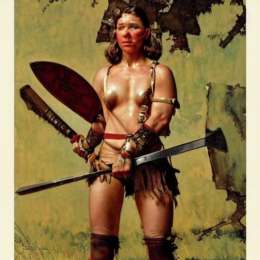 Image similar to portrait of a savage muscular barbarian female with light leather armor, by norman rockwell