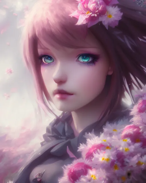 Prompt: dark angel surrounded by mist and pretty flowers, very detailed, realistic face, detailed face, matte, tonemapping, bbwchan, perfection, 4 k, cushart krenz, cinematic, atmospheric