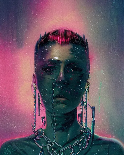 Image similar to portrait of Punk girl, standing hair line, chains, pierced, tattoed Sheen Holographic Futuristic sci-fi fashion cyberpunk, (neotokyo), synthwave, (aesthetics), futuristic, bladerunner movie scene by ismail inceoglu dragan bibin hans thoma greg rutkowski Alexandros Pyromallis Nekro Rene Margitte illustrated Perfect face, fine details, realistic shaded, fine-face, pretty face ((sharp chine))