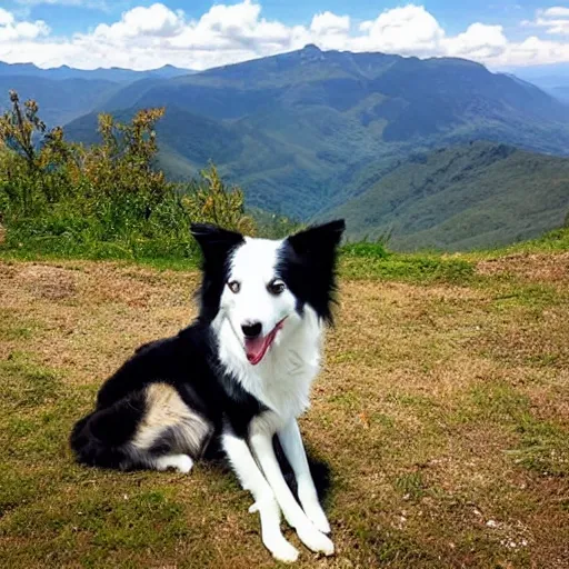 Image similar to a border collie sat outside a mountain cottage