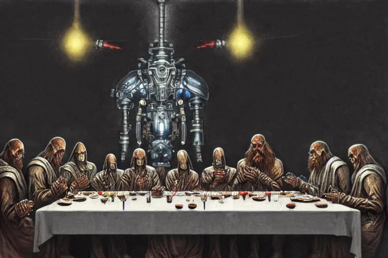 Image similar to painting of tech priests dining at the last supper, adeptus mechanicus!, cybernetic enhancements attached to his body, praise the omnissaiah, zdzislaw beksinski, lewis jones, mattias adolfsson, warhammer 4 0 k!!, cold hue's, warm tone gradient background, concept art, digital painting