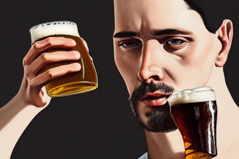 Prompt: portrait of Man drinking beer from steel can, elegant, highly detailed, smooth, photoreal, sharp focus, illustration, beautiful, geometric, dmt trending on artstation, cinematic, artwork by WLOP