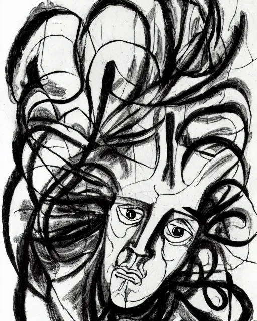 Image similar to portrait of a demon. Line drawing by Jean Cocteau.