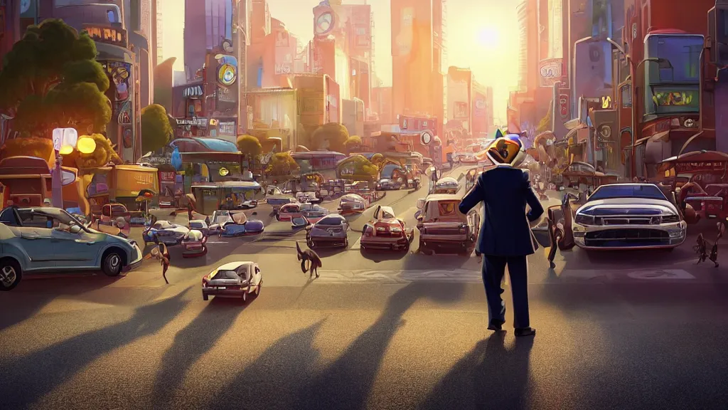 Image similar to An anthropomorphic raccoon businessman is walking down a busy crosswalk at sunset, warm lighting with an orange glow blanketing the cityscape, zootopia, other anthropomorphic characters are walking by him, extremely detailed, HDR, sideview, solemn and moody, many cars and animal people in the background, detailed face and eyes, large and detailed eyes with visible pupils, the ground is wet with many rain puddles, reflections from the water on the ground, shadows are being cast from the cars and people walking around