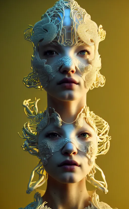 Image similar to intricate hyper detailed ultra sharp 3 d render of a beautiful porcelain seductive woman portrait, medium shot portrait, bright light, alexandre ferra white mecha, cyberpunk mechanical haute couture huge fractal mycelum and fungi, magnolia goliath head ornaments, big embroidered leaves filigree sinuous roots, octane render, volumetric cinematic lighting, yellow, 8 k, vray tracing