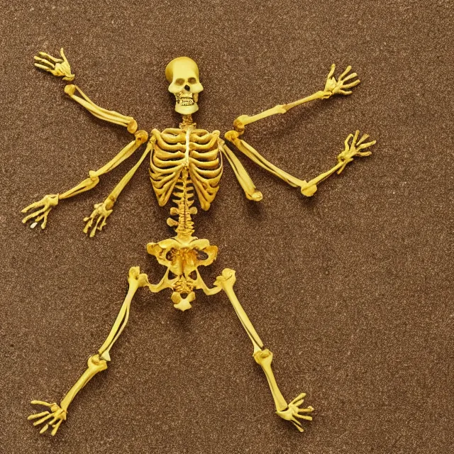 Prompt: golden skeleton being fragmented into tiny pieces