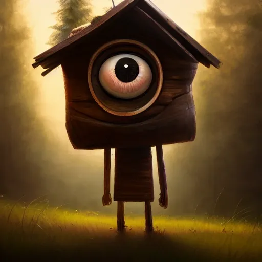 Image similar to a walking wood and metal house with two legs and two big eyes, rust, hyperrealistic, highly detailed, cinematic, single ray of sun, morning, pareidolia, gravity falls style, beautiful, cgssociety, artstation, 8 k, oil painting, digital art