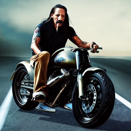 Prompt: danny trejo riding on a motorbike with his hair tied up, realistic photography, 4 k, trending on artstation