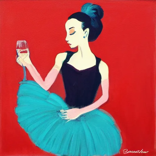 Image similar to square painting of a ballerina drinking wine in a teal room all on a red background