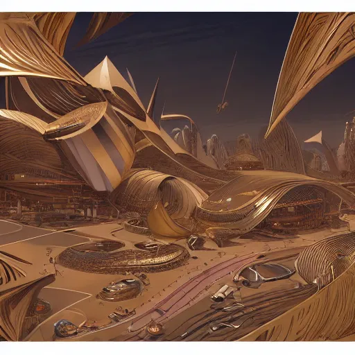 Image similar to gold and silver tones, cybernetic village on the outskirts of the universe, style of moebius, james jean, rutkowski, cinematic, high detail, award winning, 8 k photorealistic