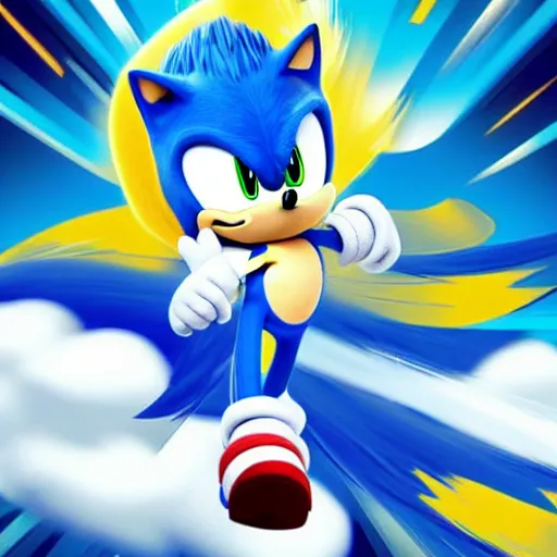 Image similar to sonic the hedgehog, running on a cloud, with a unicorn on his head