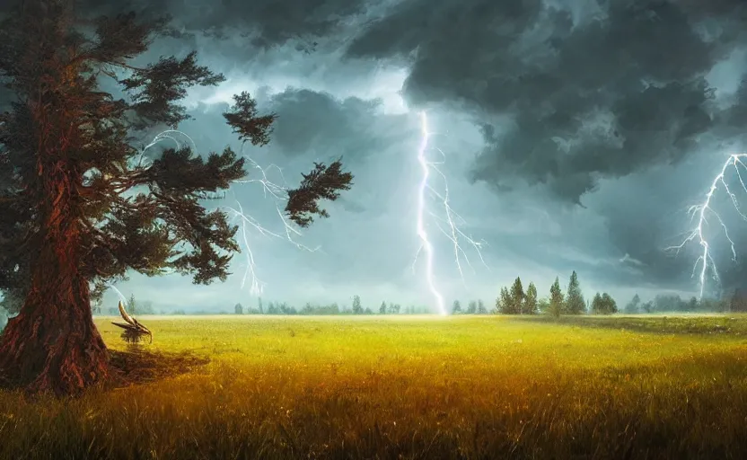 Image similar to lightning strikes a tree in the middle of a field, fantastic landscape, hyperrealism, no blur, 4k resolution, ultra detailed, style of Anton Fadeev, Ivan Shishkin, John Berkey