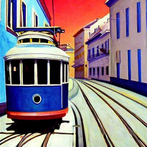 Image similar to street art. paralyzed by the indescribable beauty of the cosmos. amazing view of the tram from lisbon. art style by edward hopper daring, incredible