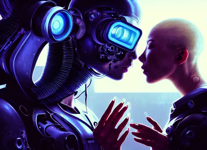 Image similar to ultra realistic medium shot of a couple of cyborgs kissing, lovers, cyberpunk, sci - fi, kodak, faces, colour led, soft light, volumetric lighting, fog, rays, night, intricate detailed, digital painting, concept art, smooth, sharp focus, illustration, art by artgerm and greg rutkowski and alphonse mucha