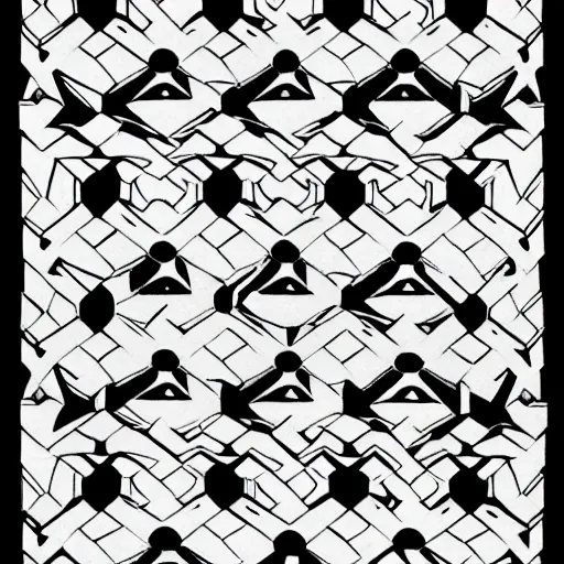 Image similar to a pattern of white wolves transitioning into black geese by mc escher, goose geese black, wolves canine species white, hexagonal pattern, crystallography, intricate details, shading, ink dots, mathematical interlocking, puzzle, screen print, lithography, frameless