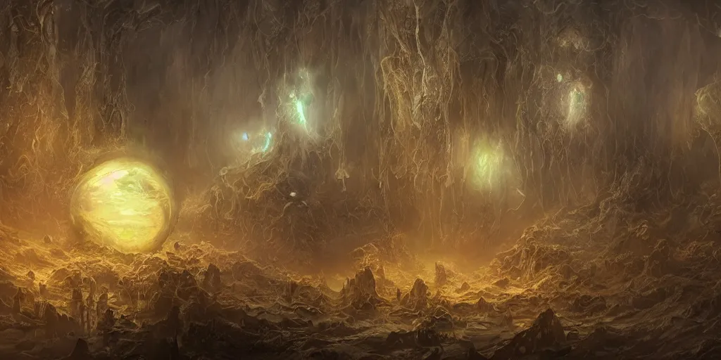 Image similar to concept art of translucent glowing fairies, lovecraftian, renaissance, melting, round moon, rich clouds, fighting the horrors of the unknown, very detailed, volumetric light, mist, fine art, decaying, textured oil over canvas, epic fantasy art, very colorful, ornate intricate scales