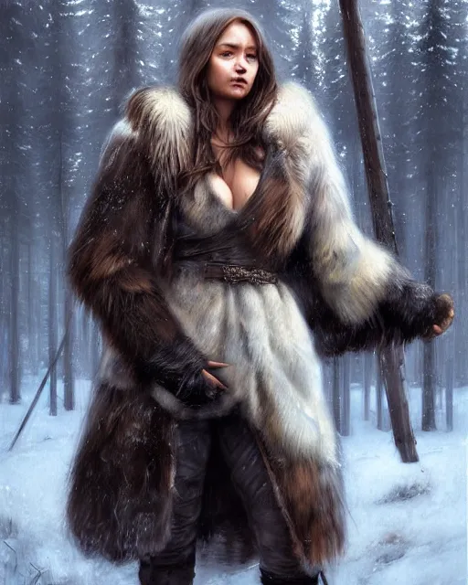 Image similar to a female nordic berserker with bear fur coat | | realistic shaded, fine details, realistic shaded lighting poster by greg rutkowski, magali villeneuve, artgerm, jeremy lipkin and michael garmash and rob rey