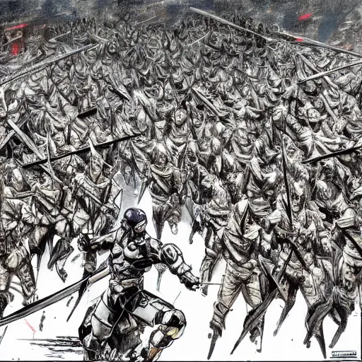 Image similar to one hero with sword looking at army of swordsmen in the background, in the middle of an arena, crowd of people, pencil art, straight, clear, added detail, high definiton, colored, backfacing, by yoji shinkawa