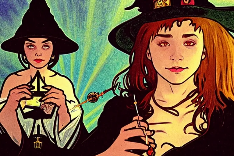 Image similar to close up portrait, dramatic lighting, concentration, calm confident teen witch and her cat, tarot cards displayed on the table in front of her, sage smoke, magic wand, a witch hat and cape, apothecary shelves in the background, alphonse mucha