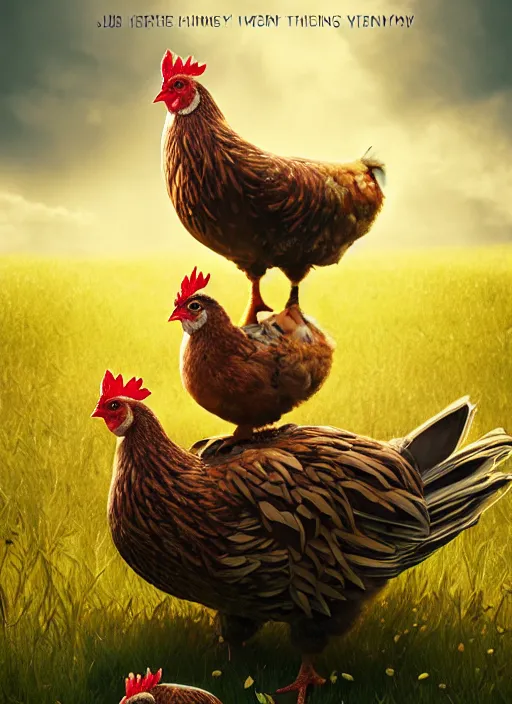 Prompt: a hen and her two chicks on a meadow, happy movie poster by nuri iyem, james gurney, james jean, greg rutkowski, anato finnstark. pixar. hyper detailed, 5 0 mm, award winning photography, perfect faces