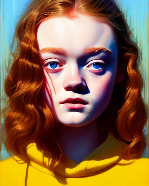 Prompt: stylized portrait of an artistic pose, composition, sadie sink wearing an 8 0's sweatshirt, realistic shaded, fine details, realistic shaded lighting poster by ilya kuvshinov, magali villeneuve, artgerm, jeremy lipkin and michael garmash and rob rey
