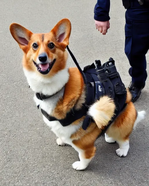 Image similar to a corgi police dogs wearing tactical k 9 gear, crowd control. riots