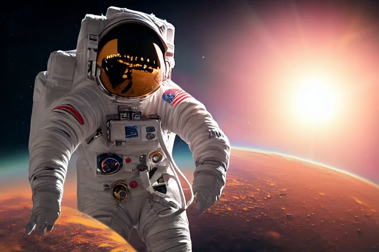 Image similar to astronaut in space wearing a spacesuit floating, earth explosion in background, highly detailed, photorealistic portrait, bright studio setting, studio lighting, crisp quality and light reflections, unreal engine 5 quality render