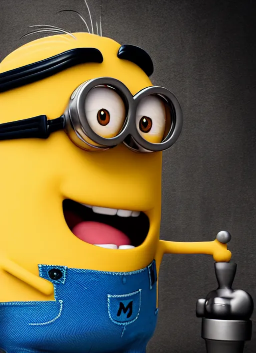 Prompt: Realistic photo of Bob the Minion on a studio shot, movie shot, cinematic perspective, full hd, Vibrant colors