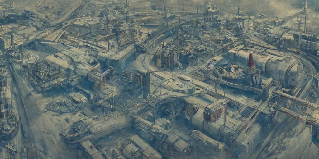Image similar to Aerial shot of a Soviet era science fiction set painted by James Jean, cinematography by Yo-Yo Ma, composition by Fritz Lang