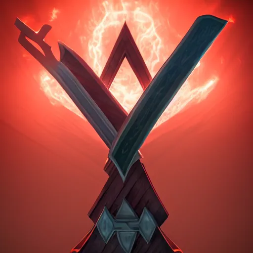 Image similar to symmetrical game - icon of giant medieval swords crossed, red powerful fantasy epic legends, game icon stylized, digital illustration radiating, a glowing aura, global illumination, ray tracing, 8 k high definition, intricate details, octane render, unreal engine, trending on arstation