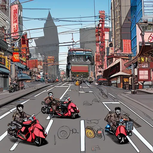 Image similar to akira style motorcycles in the streets of san francisco in 2 0 4 8