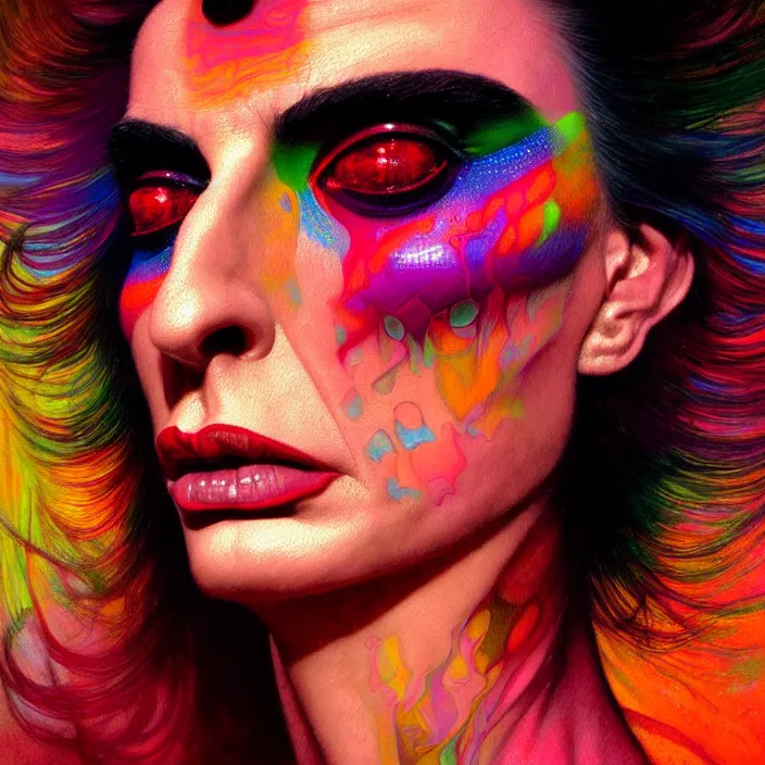 Image similar to bright psychedelic portrait of DIAMANDA GALAS, diffuse lighting, fantasy, intricate, elegant, highly detailed, lifelike, photorealistic, digital painting, artstation, illustration, concept art, smooth, sharp focus, art by John Collier and Albert Aublet and Krenz Cushart and Artem Demura and Alphonse Mucha