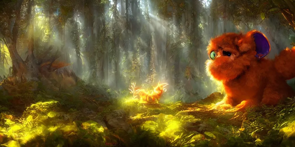 Prompt: a cute furry baby monster in the forest, magical energies emanating from it, god rays, fantasy art, matte painting, sharp focus, vibrant colors, high contrast, illustration, art by justin gerard