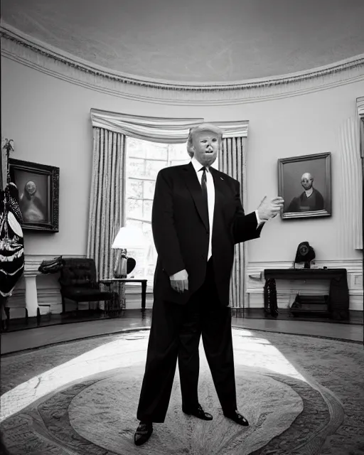 Prompt: donald trump with hippie hair, hippie clothes, smoking cannabis, standing in the oval office, photorealistic photographed in the style of annie leibovitz, studio lighting