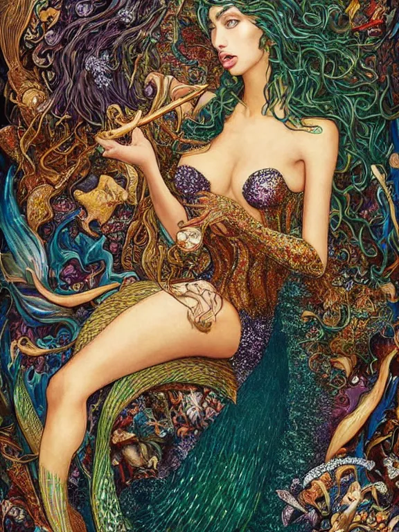 Image similar to a Mermaid Illustration of Irina Shayk,embellished sequined,crystal beaded,by Peter Mohrbacher,Chie Yoshii,Cedric Peyravernay,Phoebe Anna Traquair,William Morris,Catherine Nolin,metropolis,Gucci,Dior,trending on pinterest,maximalist,glittering