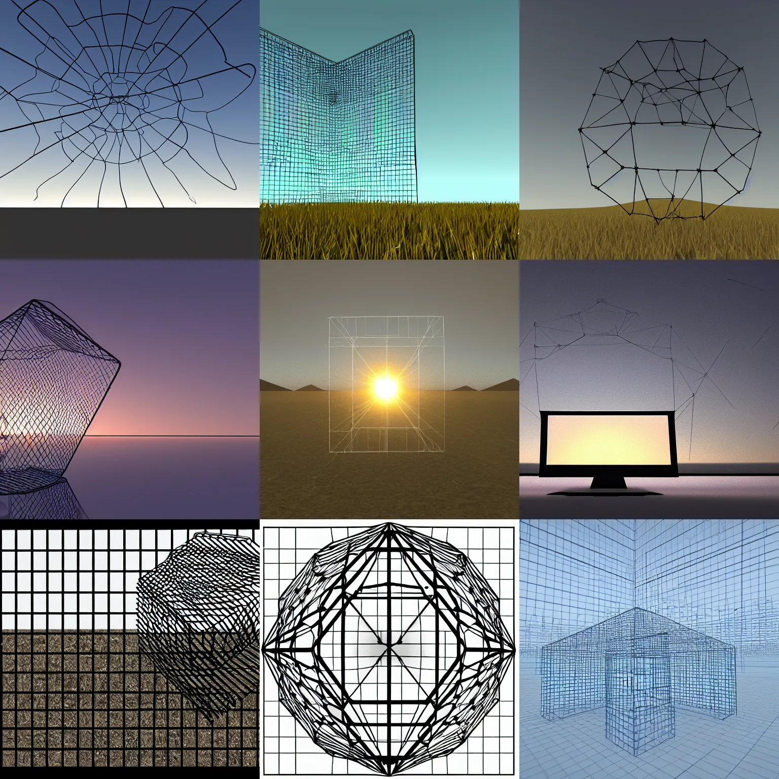 Prompt: wireframe of a single cube in the centre of the picture, with the horizon in the middle of the screen, no lighting, no shade