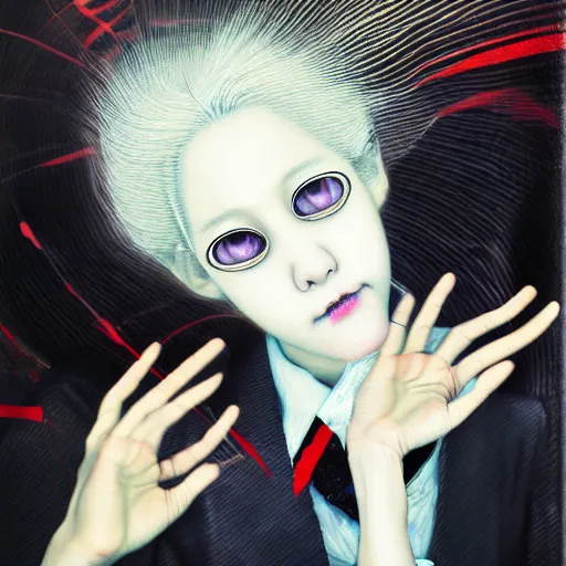 Image similar to yoshitaka amano blurred and dreamy realistic portrait of a woman with white hair and black eyes wearing office suit with tie, junji ito abstract patterns in the background, satoshi kon anime, noisy film grain effect, highly detailed, renaissance oil painting, weird portrait angle, blurred lost edges, three quarter view