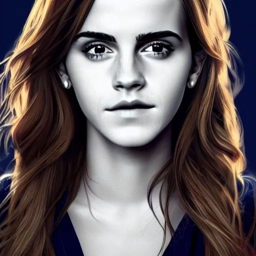 Prompt: portrait of emma watson staring at you, beautiful, long hair, eye contact, slight smile, high detail, vivid colors, navy background, artstation