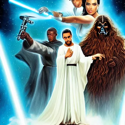 Image similar to super detailed star wars movie poster with Jesus Christ and kim kardashian, 8k full HD photo, cinematic lighting, anatomically correct, oscar award winning, action filled, correct eye placement,