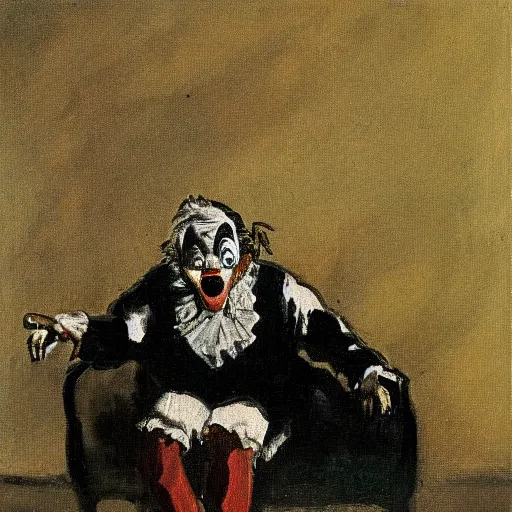 Image similar to an oil painting of a clown watching soccer on tv, goya, dark,