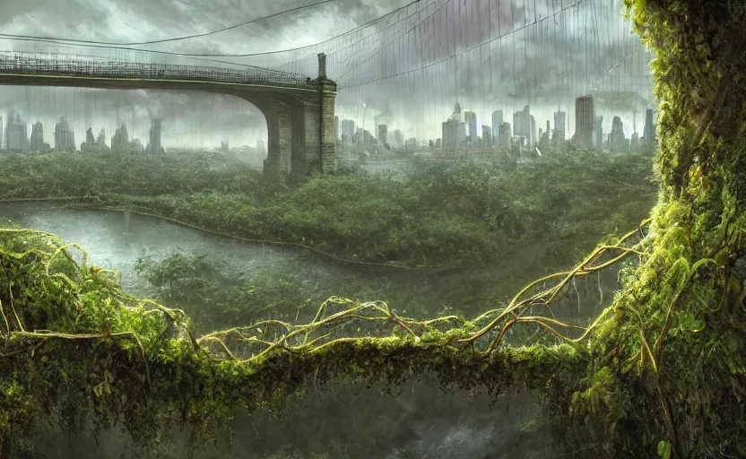 Prompt: an epic landscape view of vines and moss growing on the brooklyn bridge, moss, jungle, with pterosaurs flying, close - up, low angle, wide angle, atmospheric, volumetric lighting, cinematic, very realistic, sharp, highly detailed digital art, painted by tyler edlin